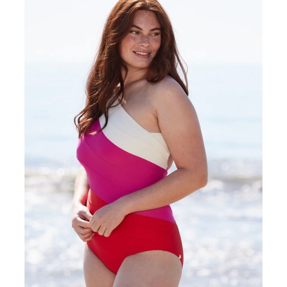 Summersalt Sidestroke One Shoulder Swimsuit 16 Pink Red Colorblock One Piece
